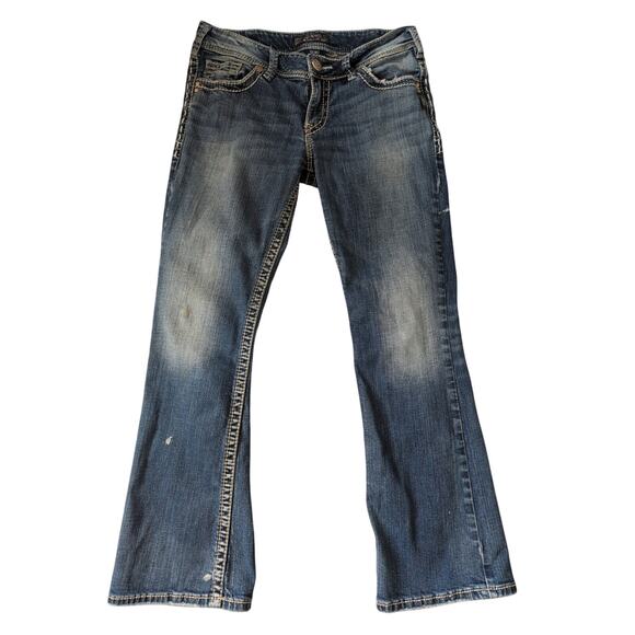 Y2K Silver Suki Bootcut Jeans Women W30 Distressed Stretch Denim Boho Grunge - Picture 1 of 7
